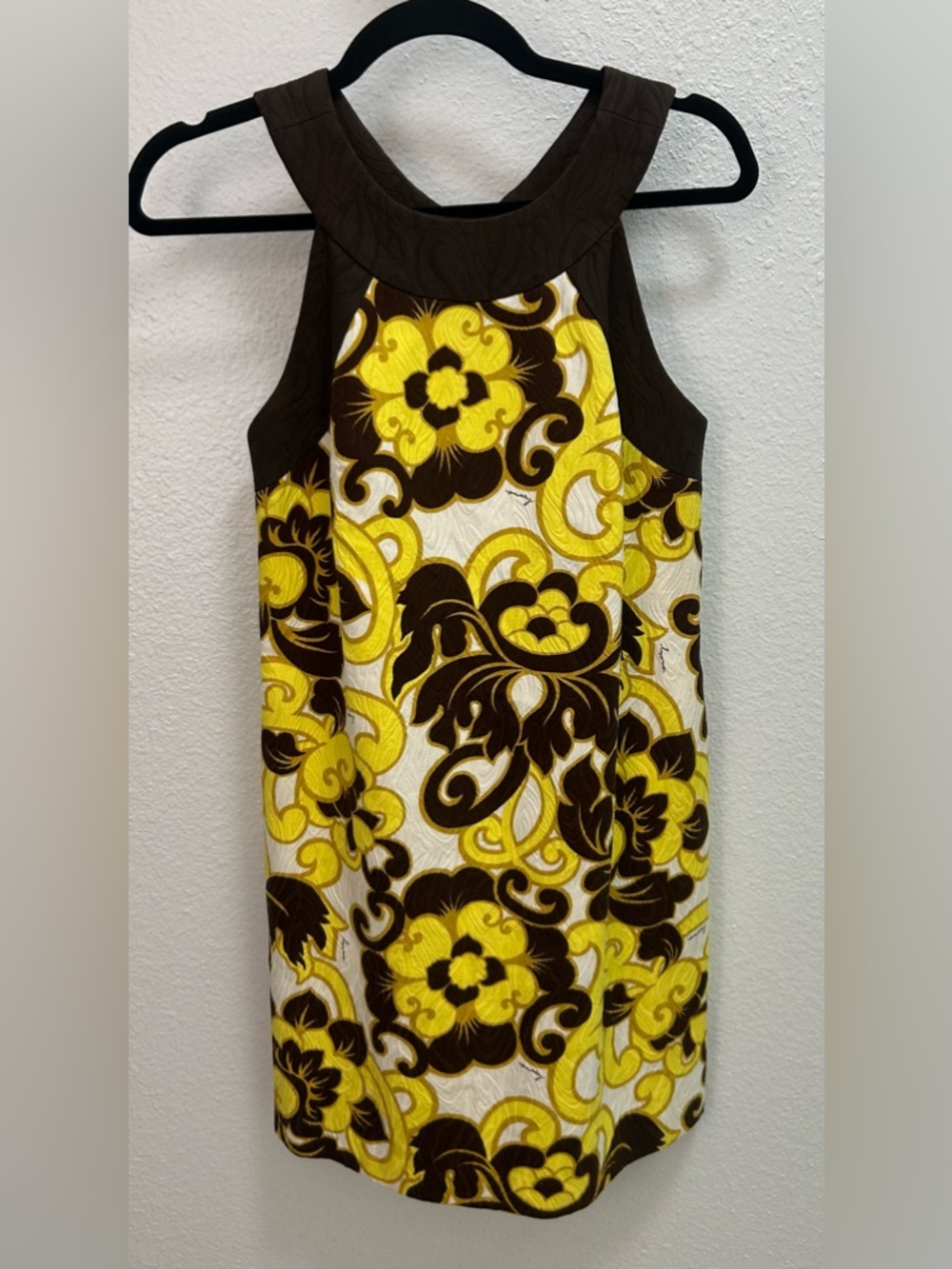 Milly Yellow and Brown Floral Shift Dress with Bow